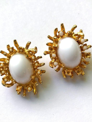 Vintage Brutalist Modern White Cabochon Gold Branch Statement Earrings