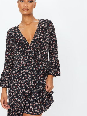 Black Floral Print Frill Wrap Tea Dress