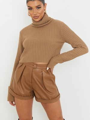 Camel Roll Neck Turn Back Sleeve Cropped Sweater