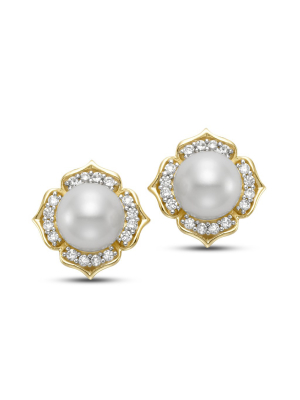 White Pearl & Diamond Blossom Earrings