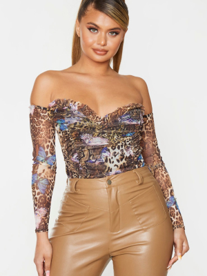 Tan Leopard Butterfly Printed Mesh Ruched...