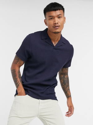 Asos Design Waffle Revere Polo In Navy