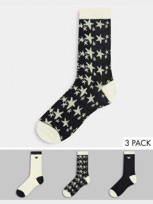 Wednesday's Girl 3 Pack Socks In Plain And Star Print