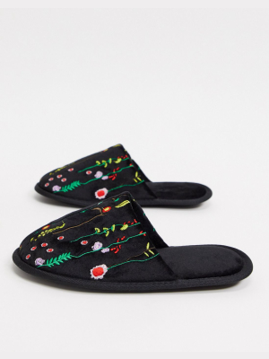 Asos Design Zigs Embroidered Slippers In Black