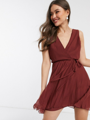 Asos Design Wrap Bodice Mini Dress With Tie Waist And Pleat Skirt