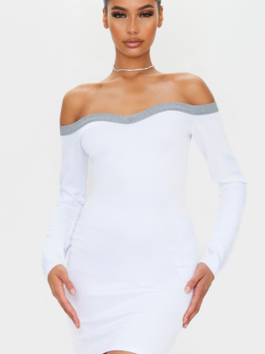 White Glitter Binding Detail Bardot Bodycon Dress