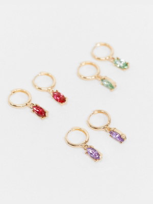 Asos Design Pack Of 3 Hoop Earrings With Color Jewel Charm In Gold Tone