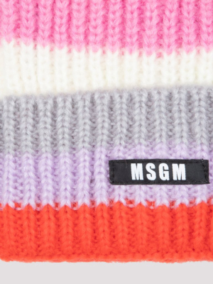 Msgm Logo Patch Striped Beanie