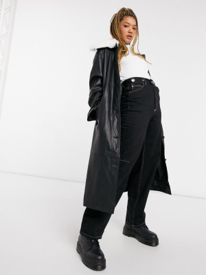 Asos Design Leather Look Trench With Faux Fur Collar In Black