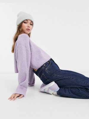 Asos Design Cropped Sweater With Turn-up Cuffs In Lilac