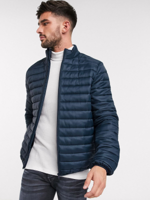 Asos Design Light Weight Puffer Jacket With Stand Collar In Navy
