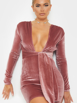 Rose Velvet Deep Plunge Tie Waist Bodycon Dress