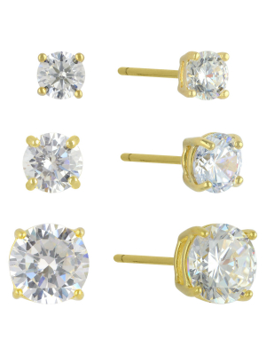 Cubic Zirconia Round Stud Earrings With 14k Gold Plating In Sterling Silver Earring Set 3pc- Gold