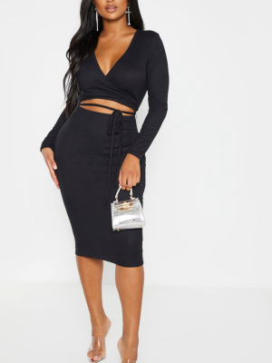 Shape Black Ribbed Wrap Waist Midi Dress