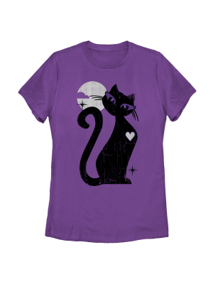 Women's Lost Gods Halloween Full Moon Cat Heart T-shirt