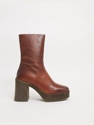 Asos Design Raspberry Premium Leather Platform Boots In Brown