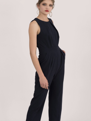 Navy Pleated Waist Cropped Jumpsuit