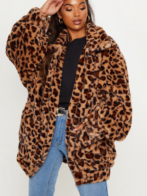 Tan Leopard Faux Fur Pocket Front Coat