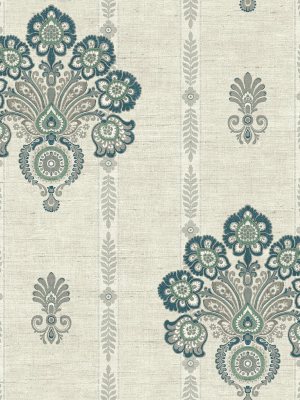 Striped Floral Damask Wallpaper In Teal From The Caspia Collection By Wallquest
