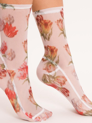 Darner White Tulips Bouquet Floral Mesh Socks