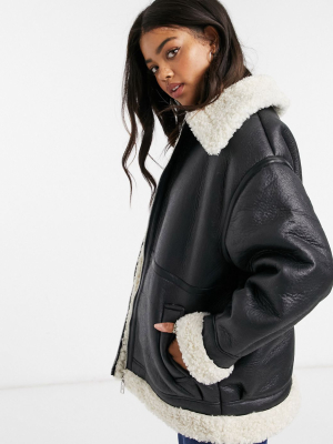 Asos Design Oversized Bonded Sherpa Aviator Jacket In Black