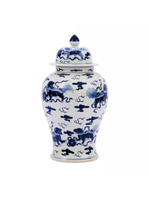 Foo Dog Temple Jar, Blue And White