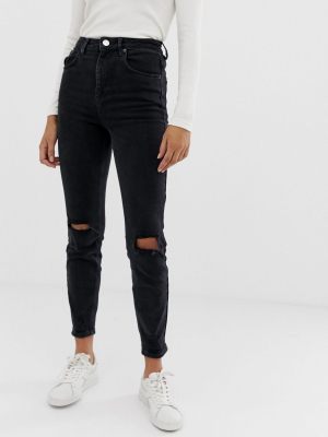 Asos Design High Rise Farleigh 'slim' Mom Jeans In Washed Black With Busted Knees