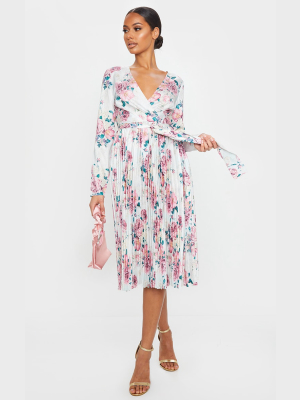 White Floral Print Long Sleeve Pleated Midi Dress