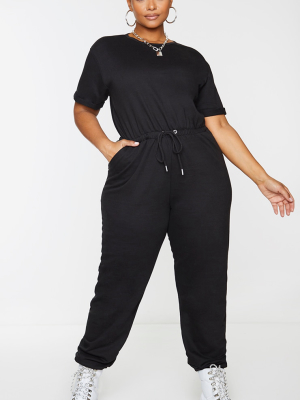 Plus Black Short Sleeve Sweat Jumpsuit