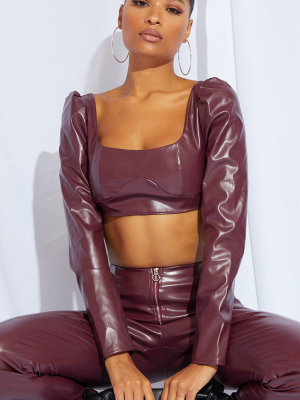 Burgundy Pu Scoop Neck Long Sleeve Crop Top