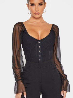 Black Rib Mesh Sleeve Bodysuit