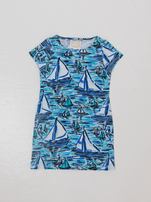 Blue Boat Print Kids Short Sleeve Dress