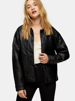 Black Boxy Quilted Pu Jacket