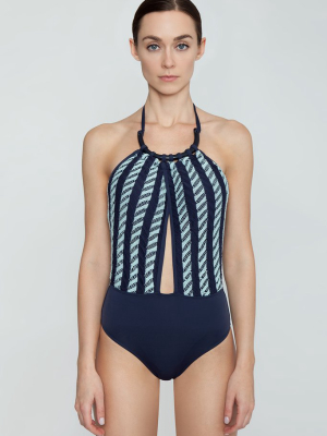 Biarritz Halter Neck Front Cut Out One Piece Swimsuit - Navy & Aqua Geometric Print