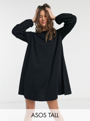 Asos Design Tall Swing Mini Dress With Drop Shoulder Balloon Sleeve In Black