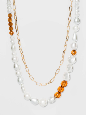 Glass Pearl And Metal Link Statement Necklace - A New Day™ Gold