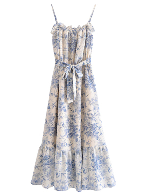 'heidi' Floral Printed Tied Waist Midi Dress