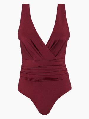 Ocean Plunge Multi-fit Strappy Back One Piece Swimsuit (curves) - Maroon Red