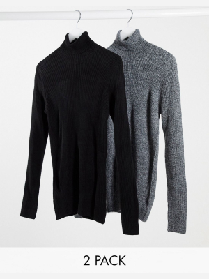 Asos Design 2 Pack Knitted Rib Roll Neck Sweater In Black And Black & White Twist