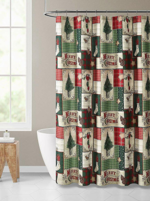 Kate Aurora Merry Christmas Evergreens & Ornamets Plaid Farmhouse Fabric Shower Curtain -