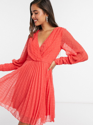 Asos Design Pleated Wrap Mini Dress In Dobby Spot With Pin Tuck Sleeves In Red