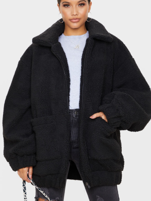 Black Oversized Borg Pocket Front Coat