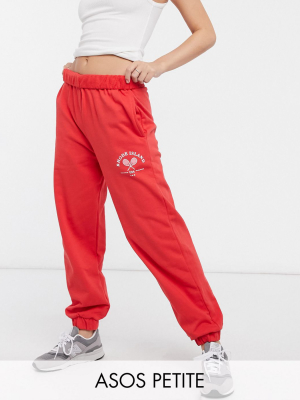 Asos Design Petite Roll-waist Oversized Sweatpants With Tennis Logo In Red