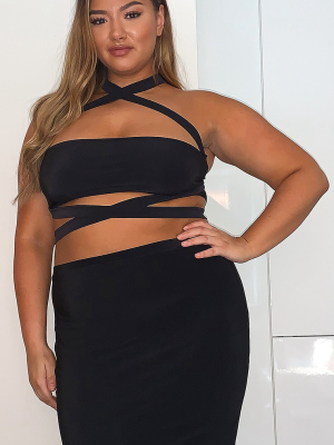 Plus Black Slinky Tie Detail Bandeau Top