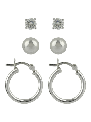 Sterling Cubic Zirconia Silver Ball Studs And Hoop Trio Earring Set - A New Day™ Silver