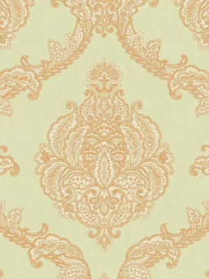 Chantilly Lace Wallpaper In Gold And Pale Aquamarine By Antonina Vella For York Wallcoverings