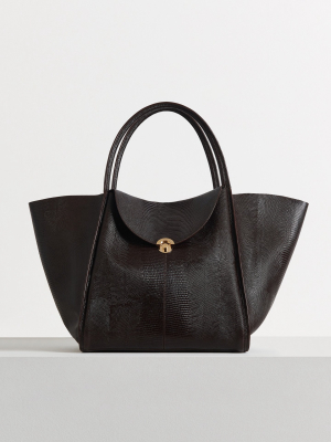 Cabas Bag In Embossed Leather - Dark Brown