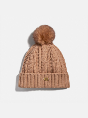 Knit Hat With Shearling Pom Pom