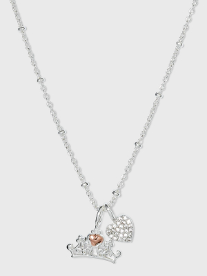 Disney Two-tone Disney Princess Crown With Cubic Zirconia Heart Charm Necklace - Silver