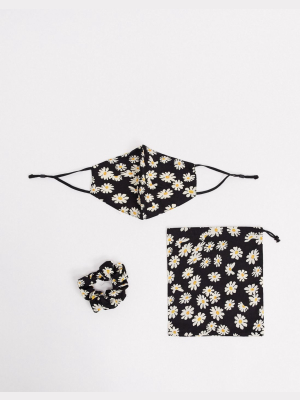 Asos Design Face Covering With Scrunchie In Mono Daisy Print